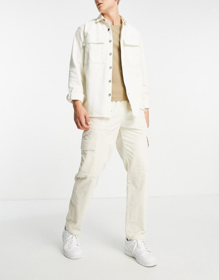 Topman Relaxed Corduroy Front Pocket Cargo Pants In Ecru-white