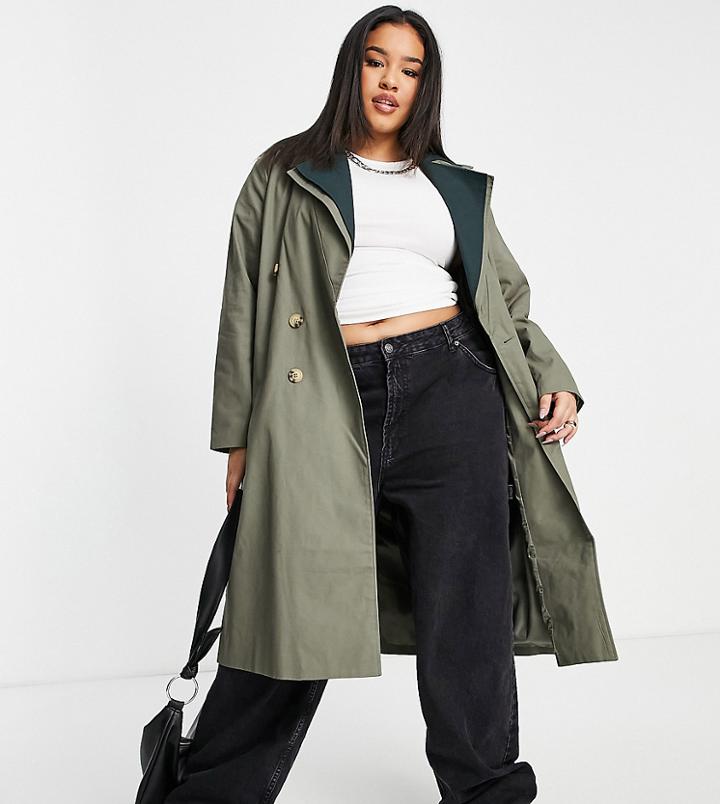 Fashion Union Plus Oversized Trench Coat With Double Contrast Collar-green