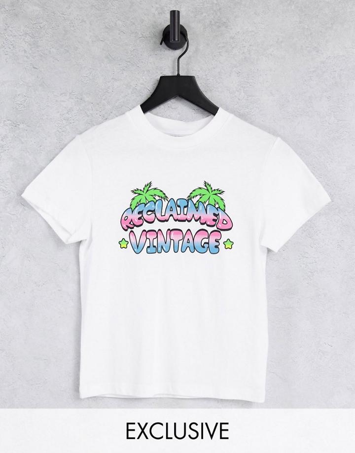 Reclaimed Vintage Inspired Fitted T Shirt With Cartoon Logo Print In White