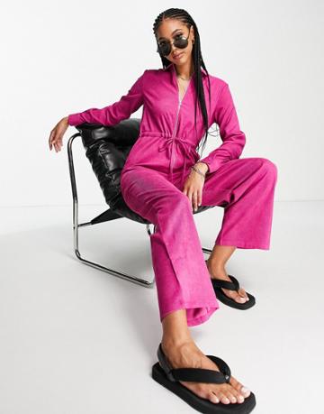 Lola May Cord Tie Waist Jumpsuit In Berry-red