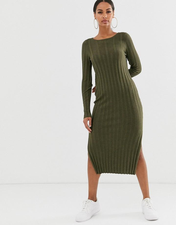 Asos Design Fine Knit Ribbed Midi Dress In Recycled Blend-green