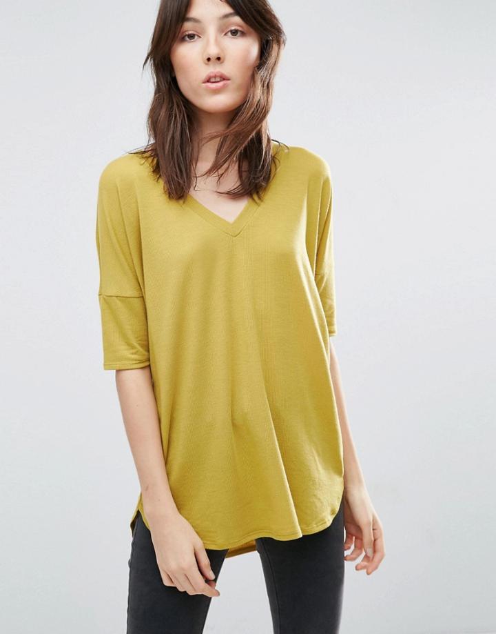 Asos Oversized T-shirt With V Neck And Dip Back In Rib - Yellow
