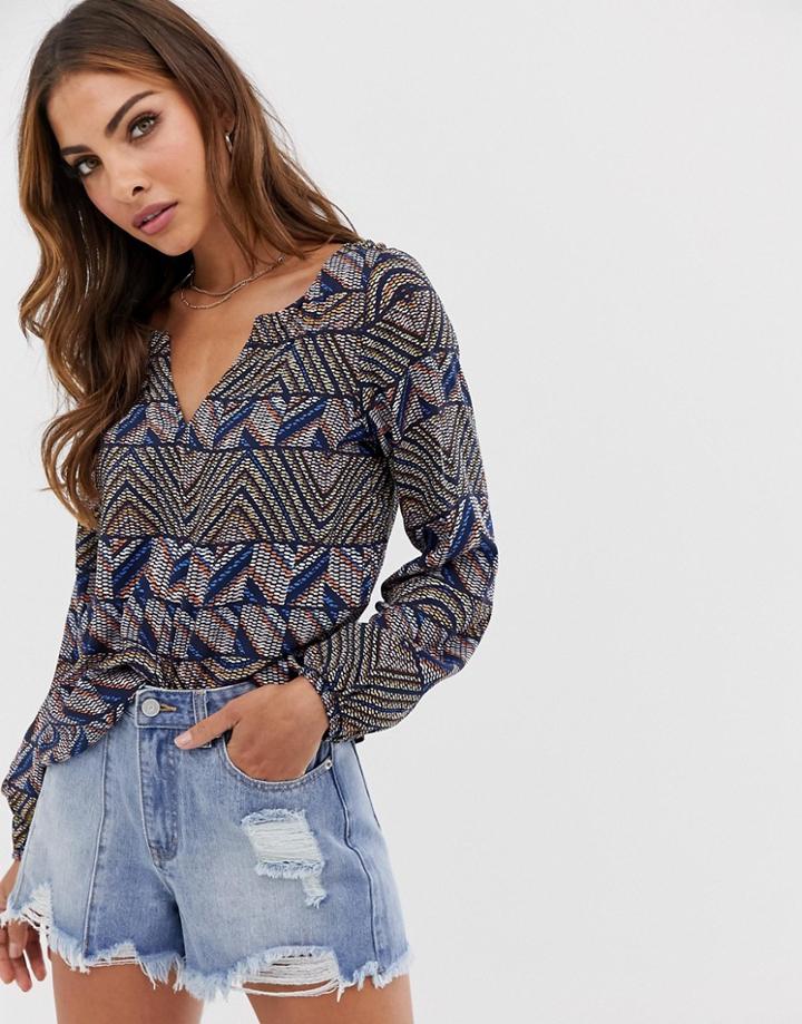 Esprit Geo-tribal Print V-neck Blouse In Blue-multi