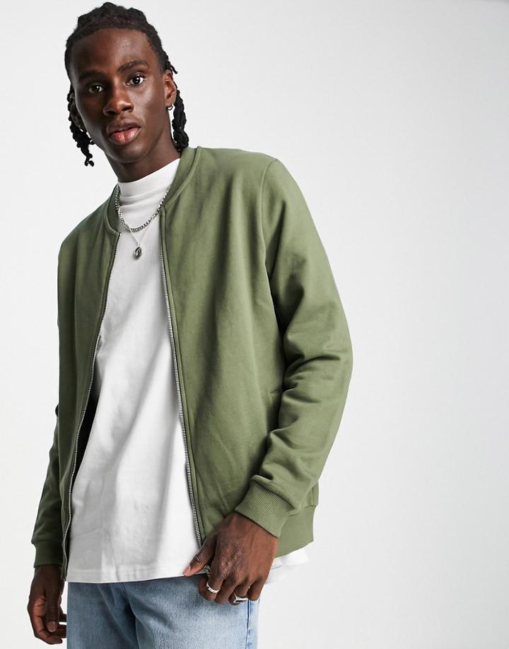 Asos Design Bomber Jersey Jacket In Khaki-green