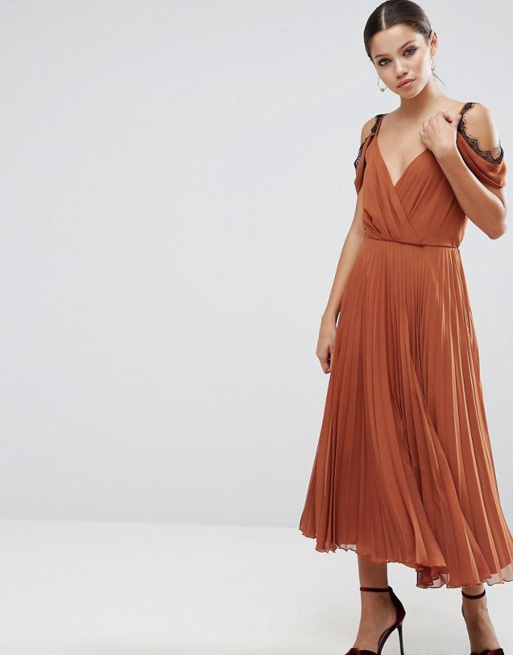 Asos Lace Trim Pleated Midi Skater Dress - Red