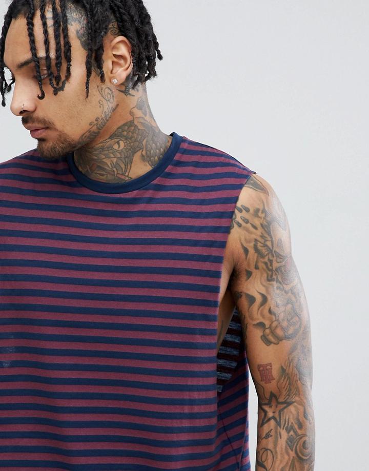 Asos Design Stripe Sleeveless T-shirt With Dropped Armhole In Burgundy And Navy - Red