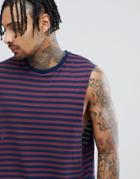 Asos Design Stripe Sleeveless T-shirt With Dropped Armhole In Burgundy And Navy - Red