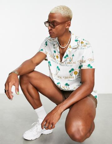 Asos Design Relaxed Revere Shirt In Golf Club Print-white