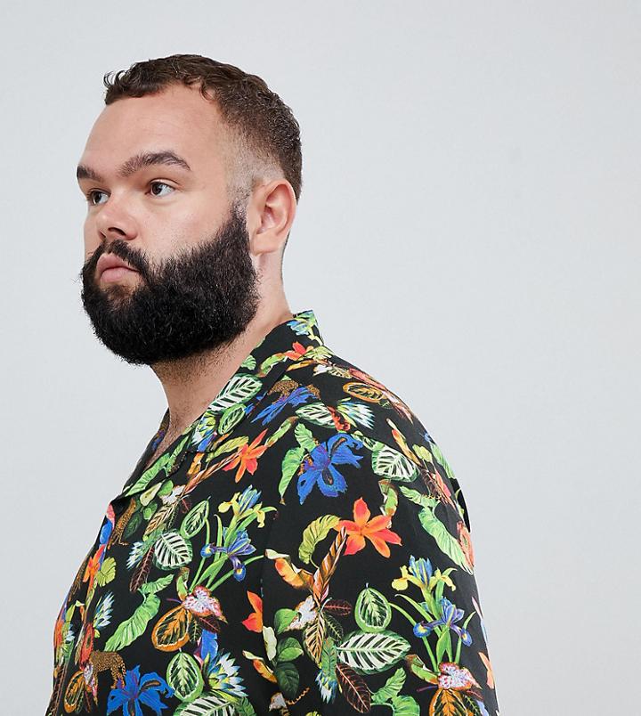 Asos Design Plus Regular Fit Floral & Tiger Print Shirt - Black