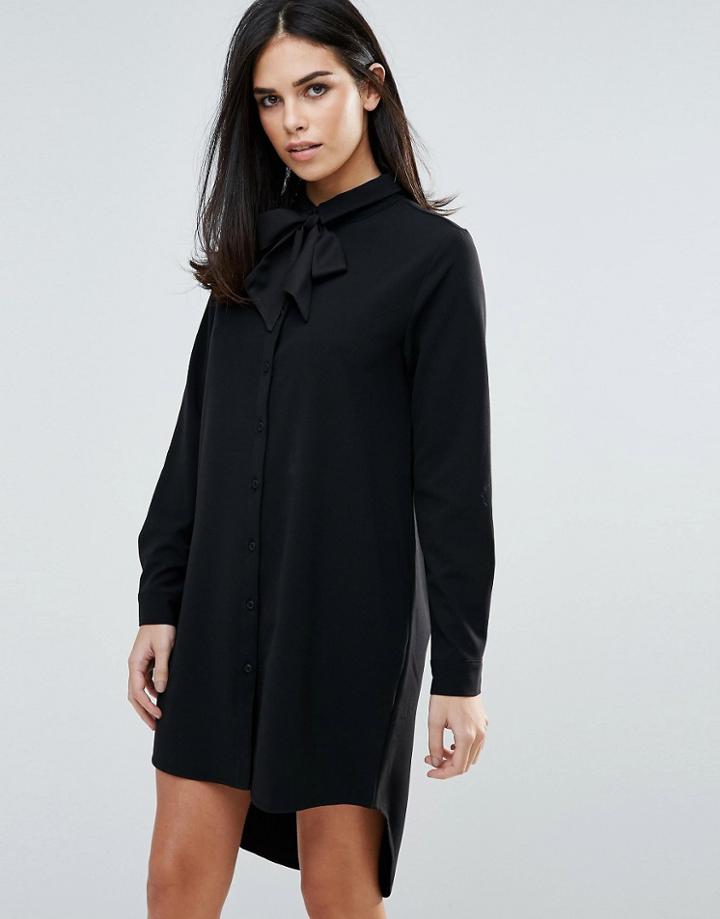 Unique 21 Long Sleeve Shirt Dress With Tie Front - Black