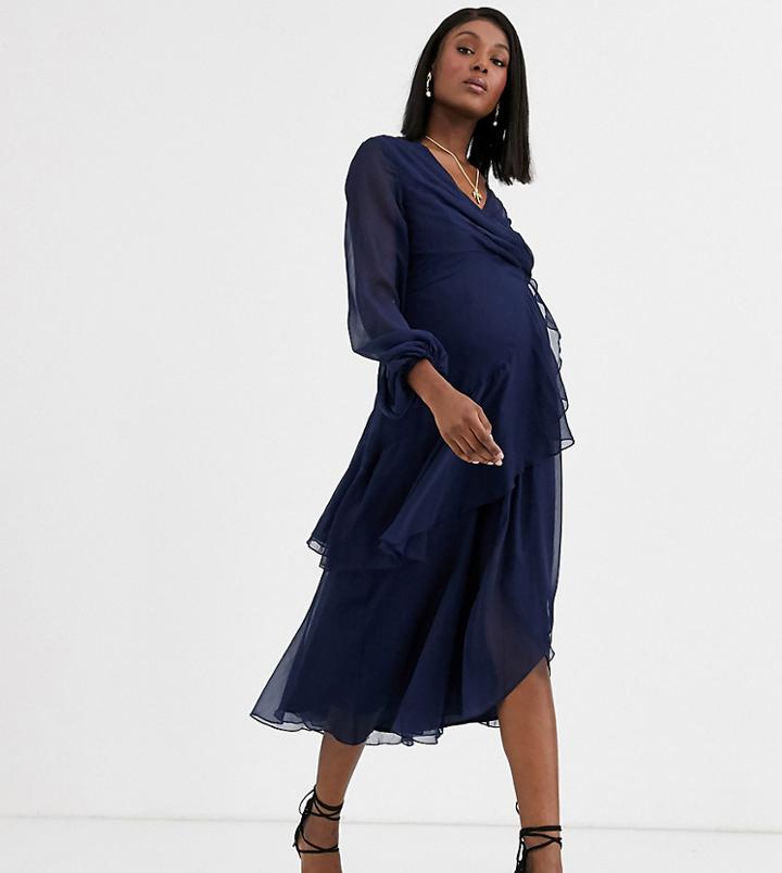 Asos Maternity Wrap Waist Midi Dress With Double Layer Skirt And Long Sleeve