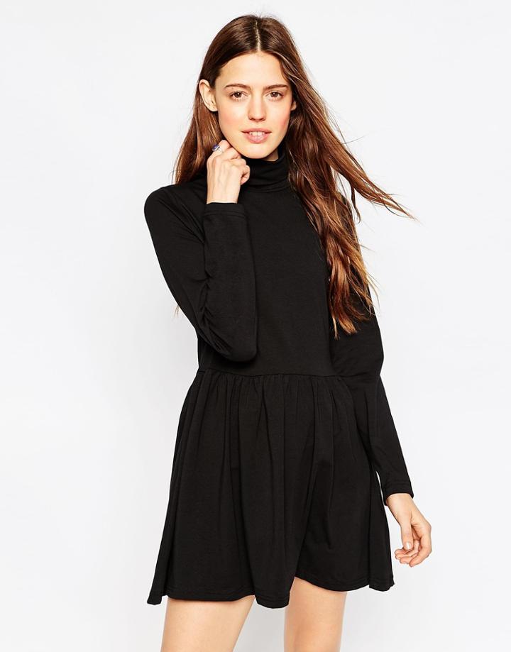 Brave Soul High Neck Long Sleeve Skater Dress - Black