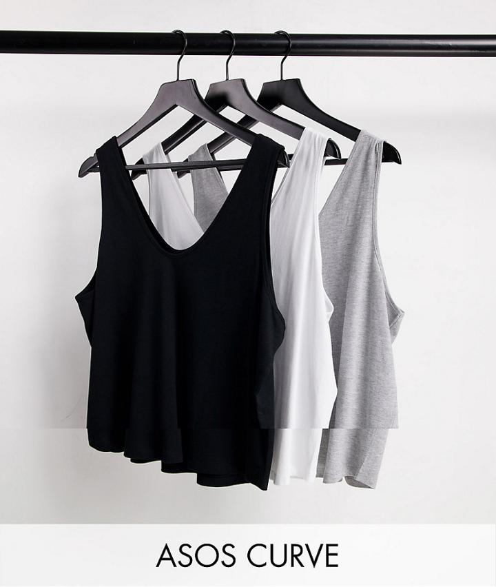 Asos Design Curve Ultimate Cotton Blend Scoop Neck Tank Top In 3 Pack Save - Multi
