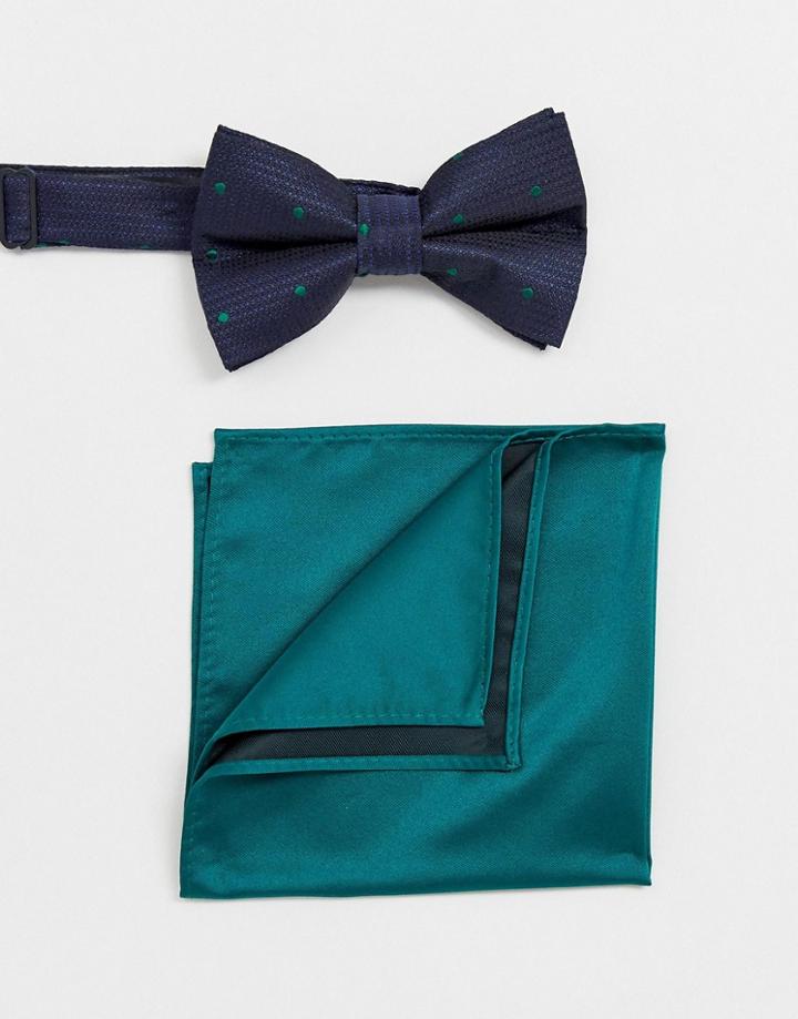 Asos Design Navy Polka Dot Bow Tie & Green Pocket Square - Green