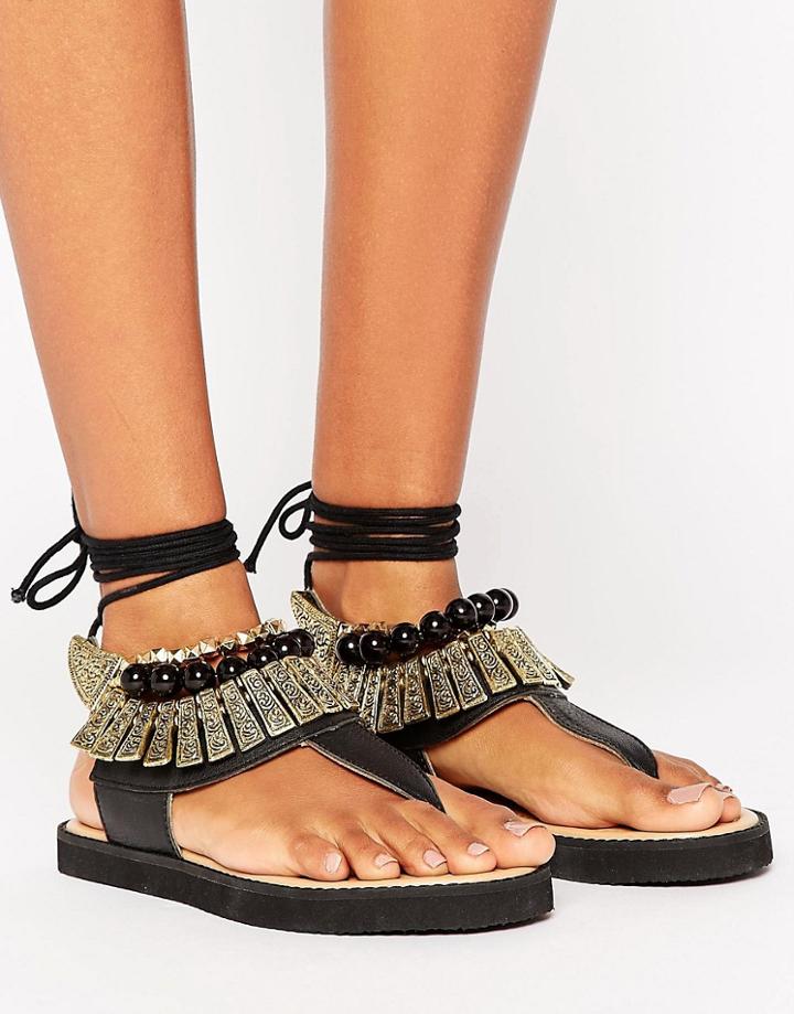 Park Lane Chunky Embellshed Tie Flat Sandal - Black