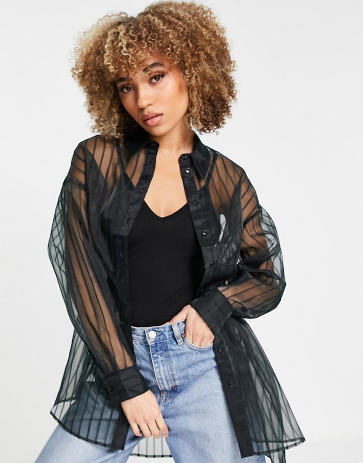 Topshop Stripe Organza Shirt In Black