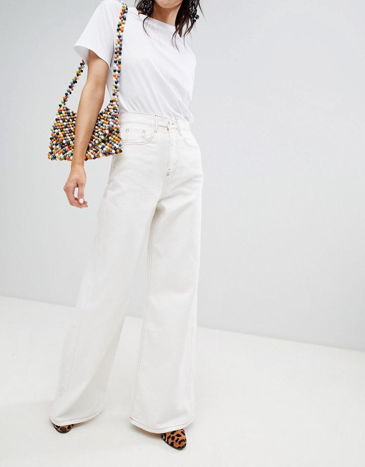 Stradivarius Wide Leg Jean With Contrast Stitch - White