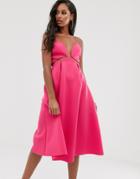 Asos Design Plunge Lace Up Skater Midi Prom Dress-pink