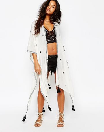 Star Mela Inika Embroidered Poncho With Pom Poms