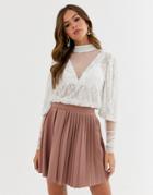 Asos Design Top In Mixed Lace With Ruffle And Puff Sleeve-white