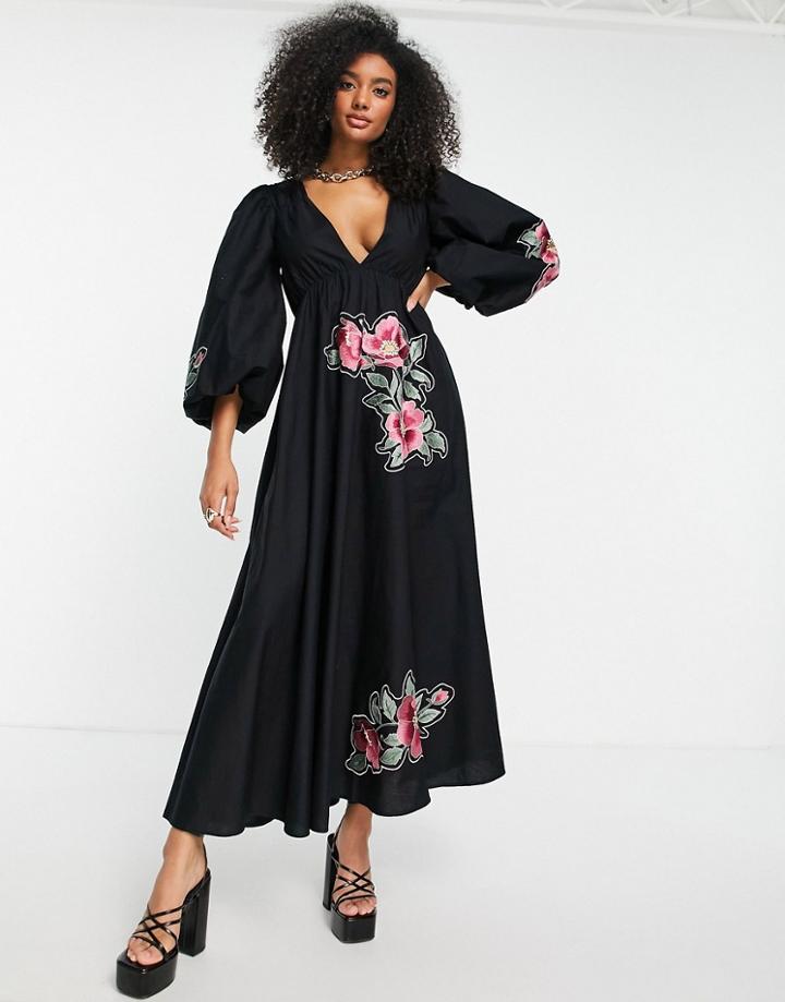 Asos Design Premium Puff Sleeve Poplin Midi Dress With Patchwork Embroidery In Black