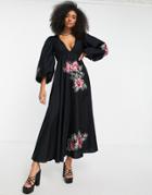 Asos Design Premium Puff Sleeve Poplin Midi Dress With Patchwork Embroidery In Black