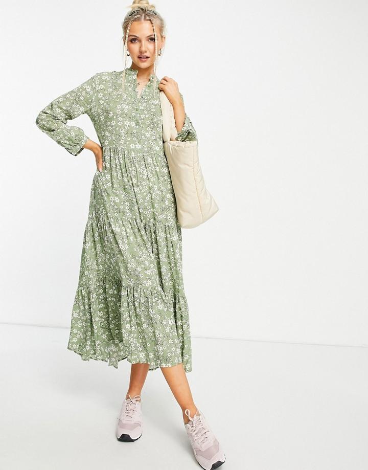 Qed London Floral Print Midaxi Shirt Dress In Sage-green