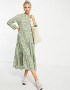 Qed London Floral Print Midaxi Shirt Dress In Sage-green