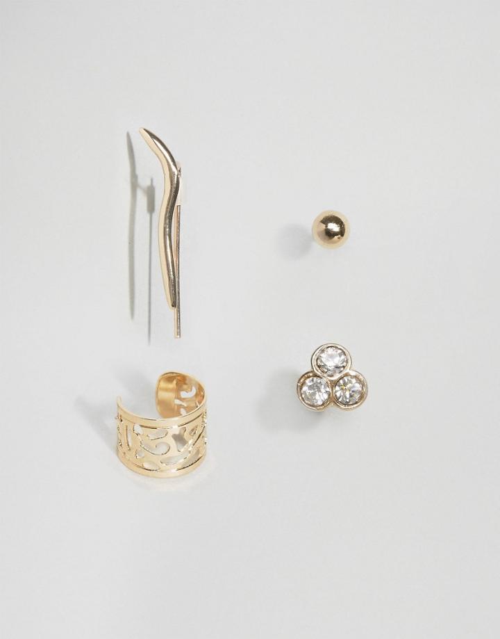 Asos Pack Of 4 Jewel Ear Cuffs & Climbers - Gold