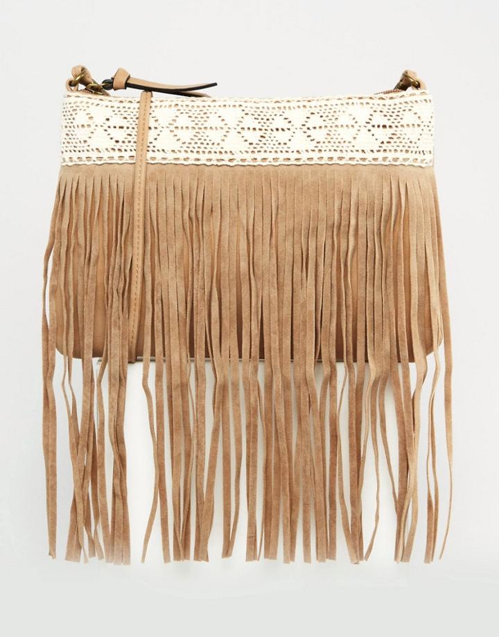New Look Crochet Fringe Clutch - Stone