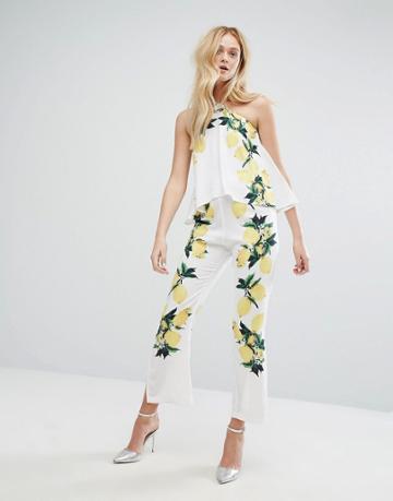 Aeryne Placement Print Jumpsuit With Halter Straps - White