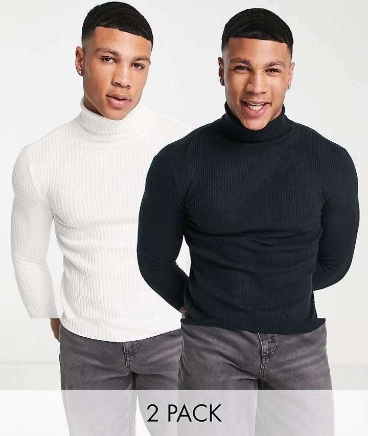 Asos Design 2-pack Knit Rib Roll Neck Sweaters In White & Navy - Save-multi