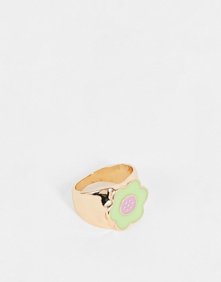 Vintage Supply Enamel Daisy Ring In Mint Green-gold