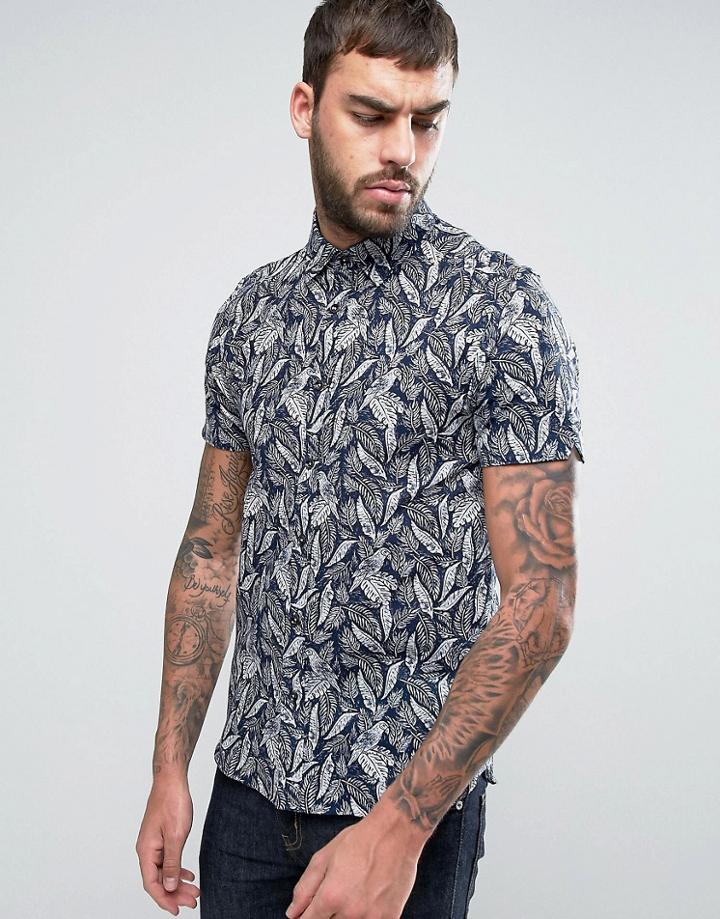 Ted Baker Slim Short Sleeve Shirt In Print - Navy