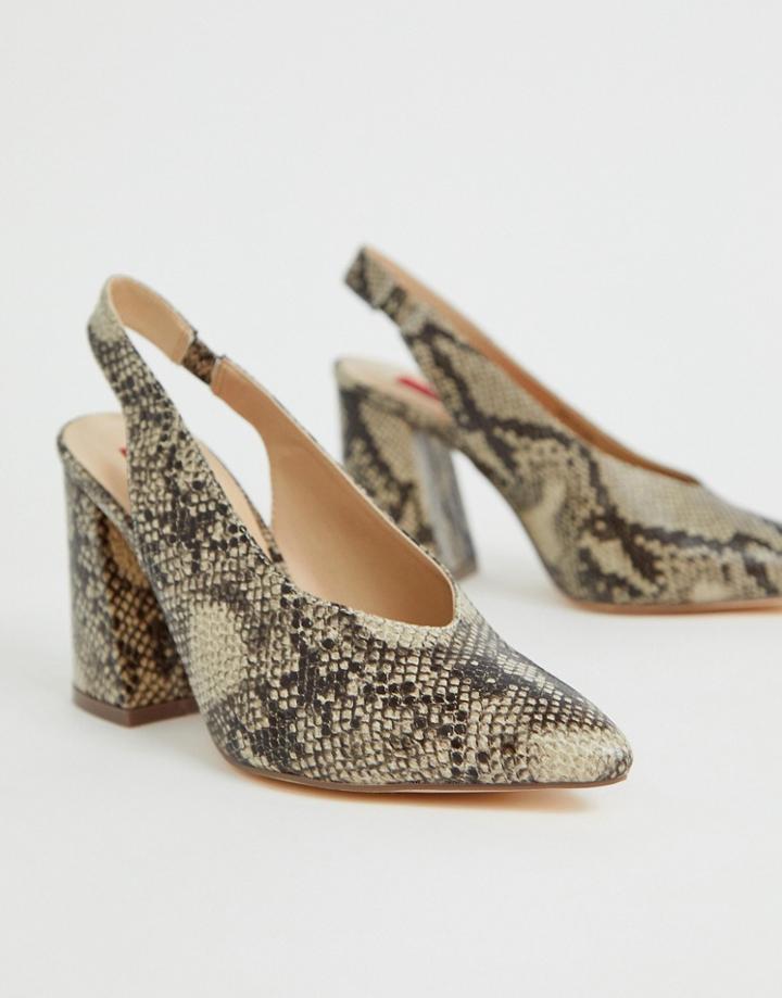 London Rebel Pointed Block Heels In Snake - Beige