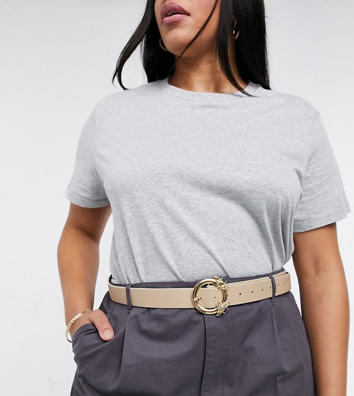 Asos Design Curve Bug Detail Buckle Waist And Hip Jeans Belt In Beige-neutral