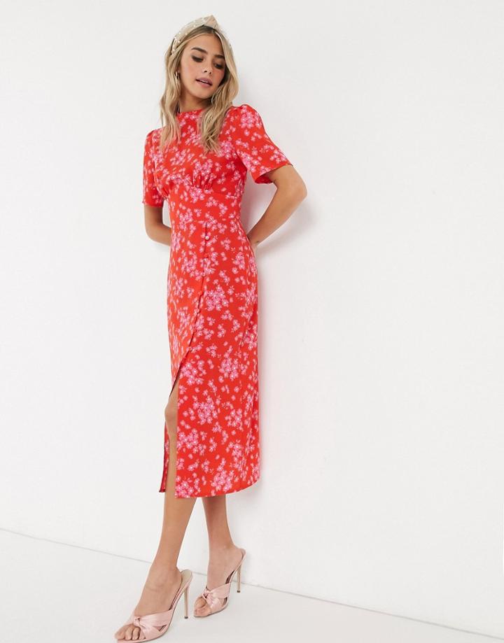 Asos Design Midi Tea Dress With Buttons In Red And Pink Floral Print-multi