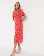 Asos Design Midi Tea Dress With Buttons In Red And Pink Floral Print-multi