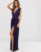Asos Design Premium Lace Insert Pleated Maxi Dress-purple