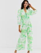 Asos Design Lace Up Jumpsuit With Puff Sleeves In Print-green