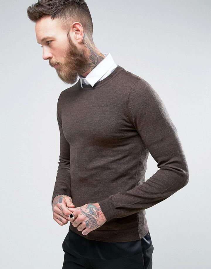 Asos Muscle Fit Merino Wool Sweater In Light Brown - Brown
