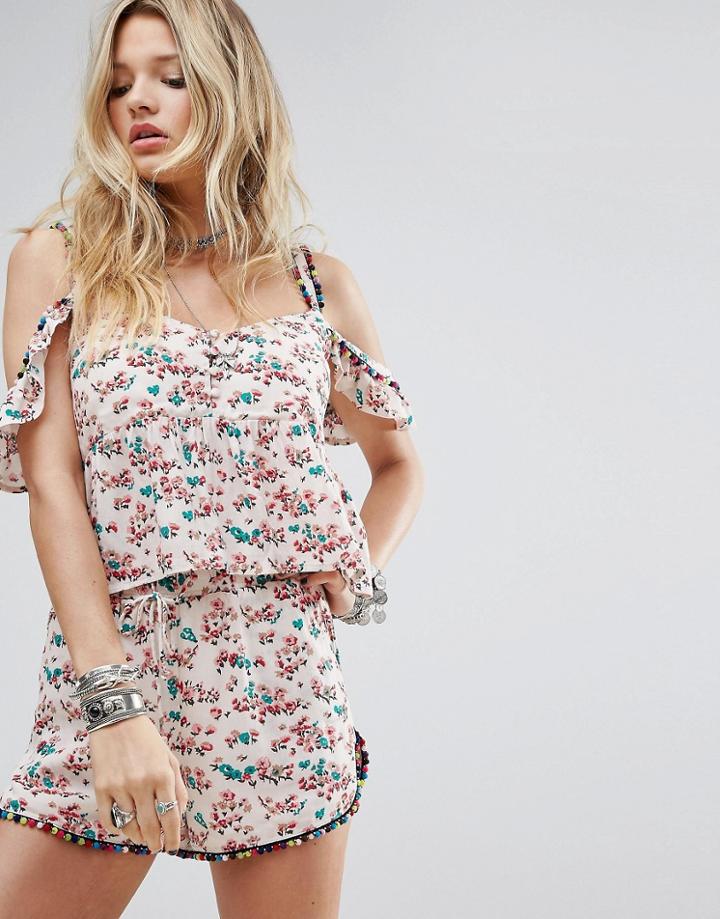 Honey Punch Cold Shoulder Cami Top In Floral With Rainbow Pom Poms C O-ord - Multi