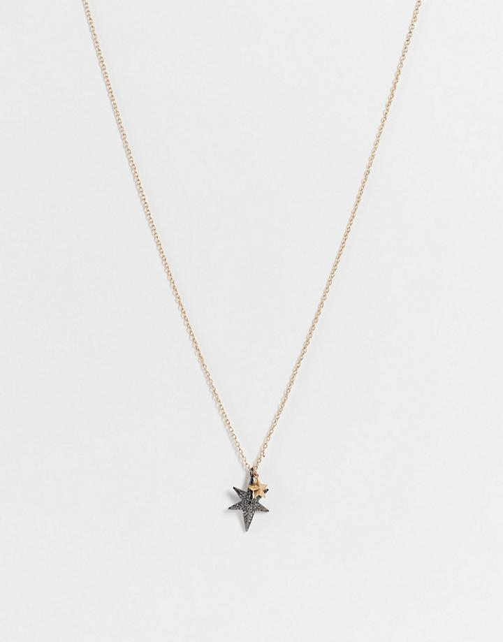 Allsaints Black Crystal Star Pendent Chain Necklace In Gold