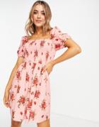 Miss Selfridge Shirred Cotton Mini Dress In Pink Floral