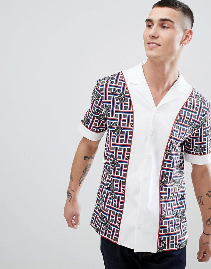 Cavalli Class Revere Shirt In White With Snake Check Print - White