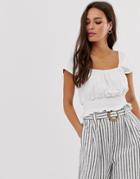 Asos Design Square Neck Top With Shirred Waist - White