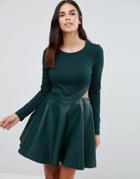 Forever Unique Adela Skater Dress With Cut Outs And Leather Look Skirt - Green