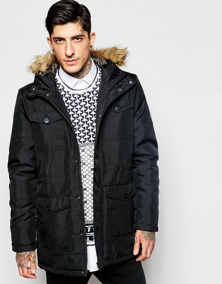 Only & Sons Parka With Faux Fur Hood - Black