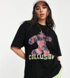 Collusion Unisex T-shirt With Monster Print In Black