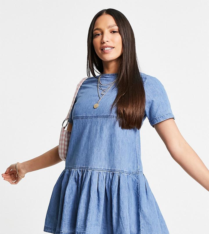 Asos Design Tall Soft Denim Smock T-shirt Dress In Midwash-blues